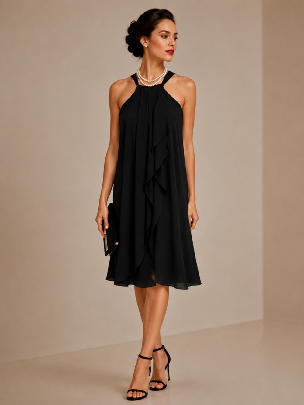 Amanda Uprichard Black Halter Ruffle Midi Dress Large NWT Cocktail Formal